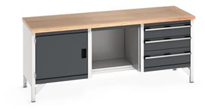 Bott Cubio Storage Workbench 2000mm wide x 750mm Deep x 840mm high supplied with a Multiplex (layered beech ply) worktop, 3 x drawers (2 x 150mm & 1 x 200mm high), 1 x 350mm high integral storage cupboards and 1 x open mid section with half... 2000mm Wide Engineering Storage Benches with Cupboards & Drawers